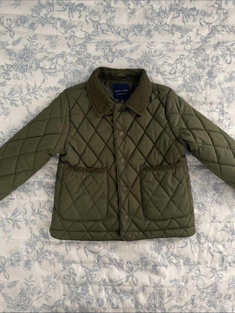 Janie and Jack Quilted Olive Fall Jacket with Corduroy Collar baby boy 2T